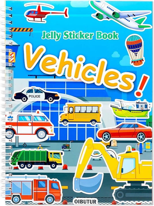 OIBUTUR Jelly Sticker Books for Toddlers 2-4 Years, Reusable Sticker Book for Kids 1-3, Toddler Stocking Stuffers＆Travel Essentials Vehicles Stickers for Kids Toddler Plane Activities (Vehicles)