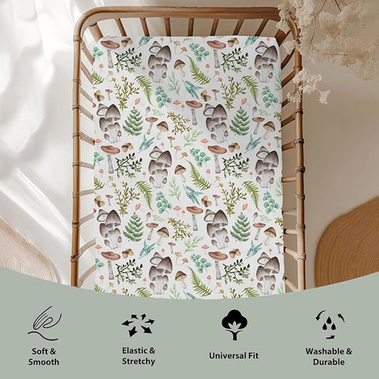 Vintage Mushroom Baby Crib Sheets for Boy Girl 52x28Inch Colorful Mushrooms Leaves Soft Snug Fitted Crib Mattress Cover Magical Plant Baby Sheet for Standard Crib & Toddler Bed Mattress