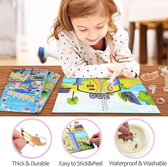 OIBUTUR Jelly Sticker Books for Toddlers 2-4 Years, Reusable Sticker Book for Kids 1-3, Toddler Stocking Stuffers＆Travel Essentials Animals Stickers for Kids Toddler Plane Activities (Animals)