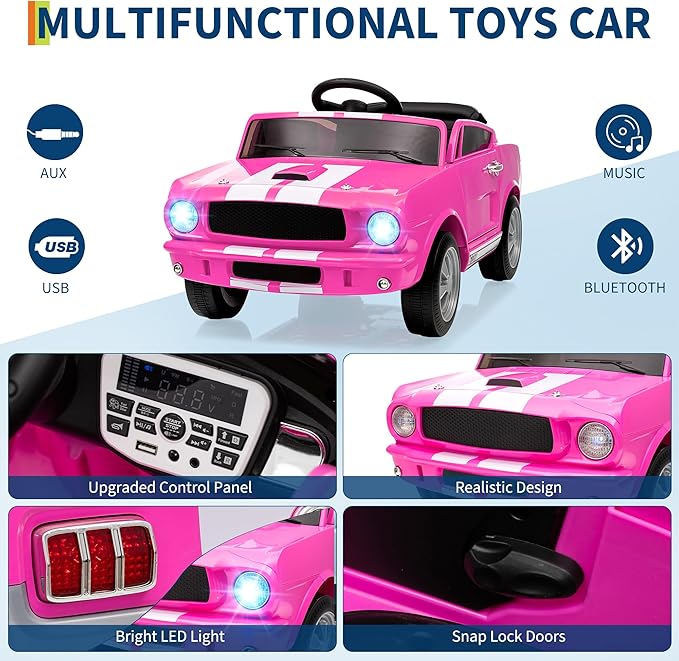 12V Ride on Car for Kids, Licensed Shelby GT350 Electric Toy with Parent Remote Control, 3 Speeds, LED Headlights, Music & Safety Belt for Toddlers