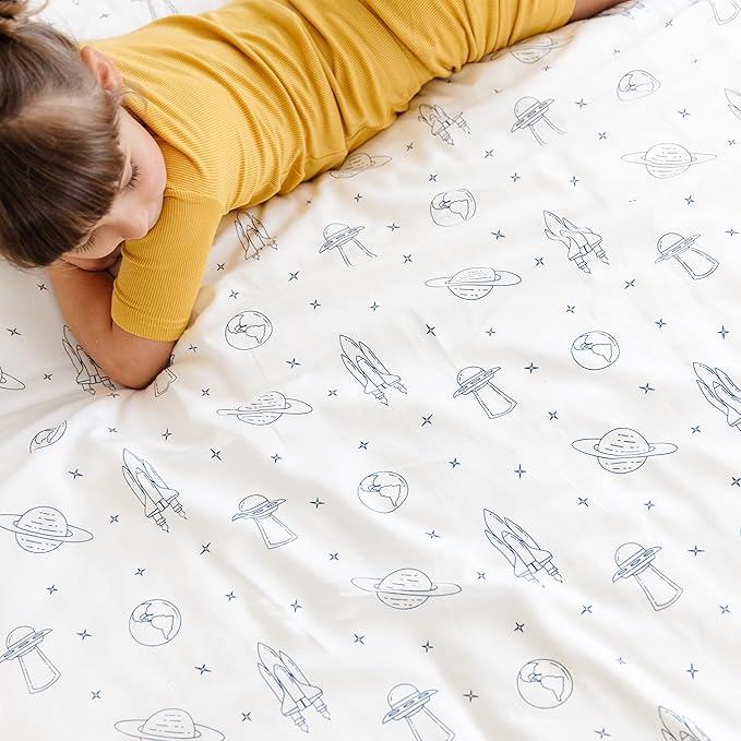 Makemake Organics GOTS Certified Organic Cotton Fitted Crib Sheet Soft Breathable (28"x52", Astronaut Blue)