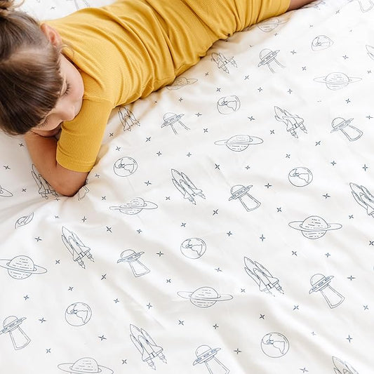 Makemake Organics GOTS Certified Organic Cotton Fitted Crib Sheet Soft Breathable (28"x52", Astronaut Blue)