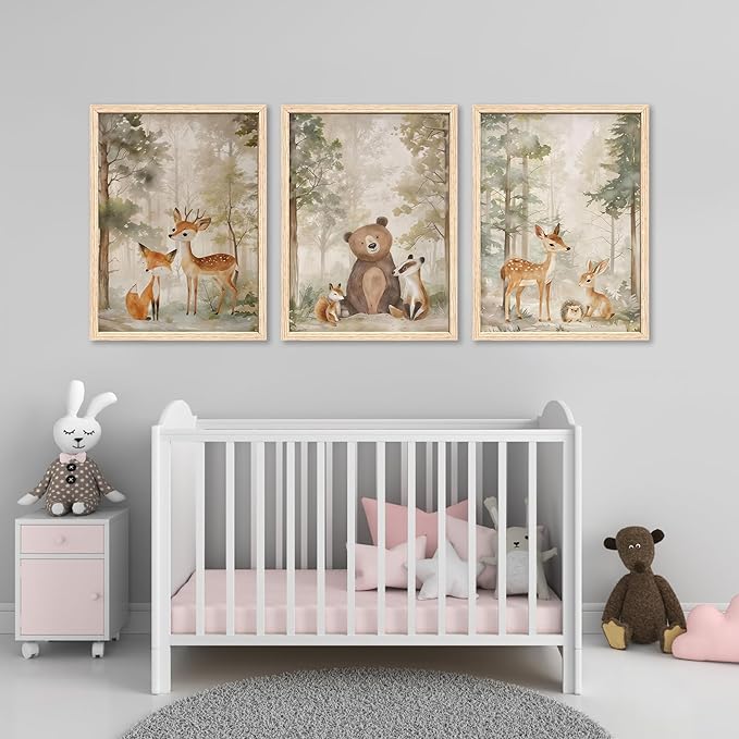 ICHZUMW Woodland Nursery Decor Wall Art Set of 3, Cute Forest Friend Animal Canvas Prints Bear Fox Deer Pictures, Nature Watercolor Paintings, Baby Room Kids Bedroom Playroom, Neutral Artwork 12x16in