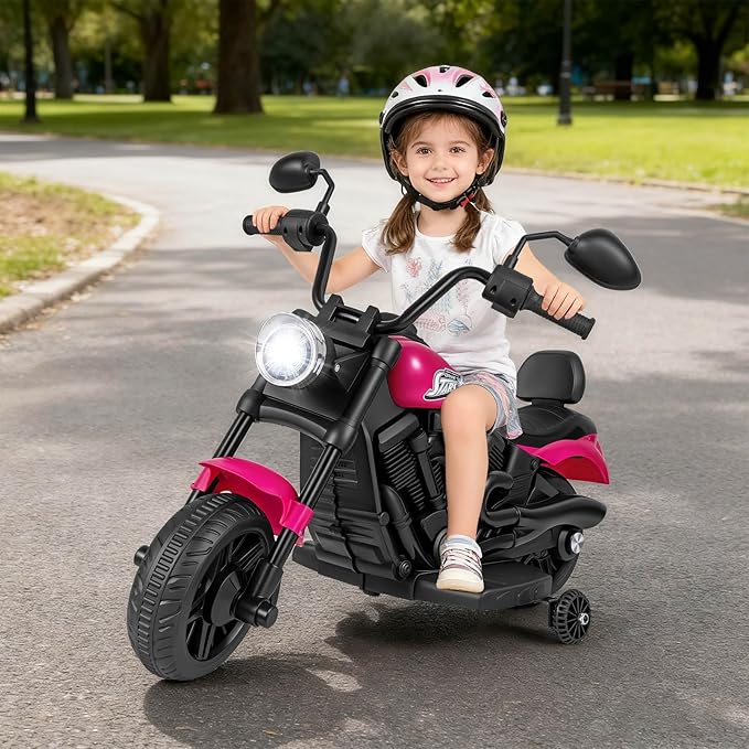 HONEY JOY Toddler Motorcycle, 6V Battery Powered Electric Motorcycle for Kids, Detachable Training Wheels, Music, Foot Pedal, Headlights, Forward/Backward, 3-Wheel Ride On Toy for Boys Girls (Pink)