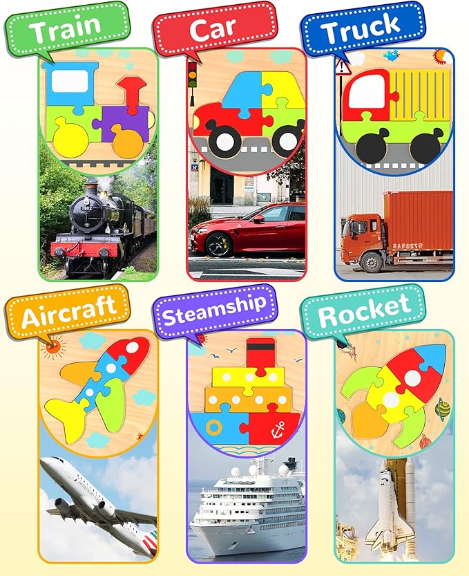 Yetonamr Wooden Toddler Puzzles Gifts Toys for 1 2 3 Years Old Boys Girls, 6 Vehicle Shape Montessori Toys Educational Blocks Stocking Stuffers Kids Gift Baby Learning Toy Age 1-3, 2-4