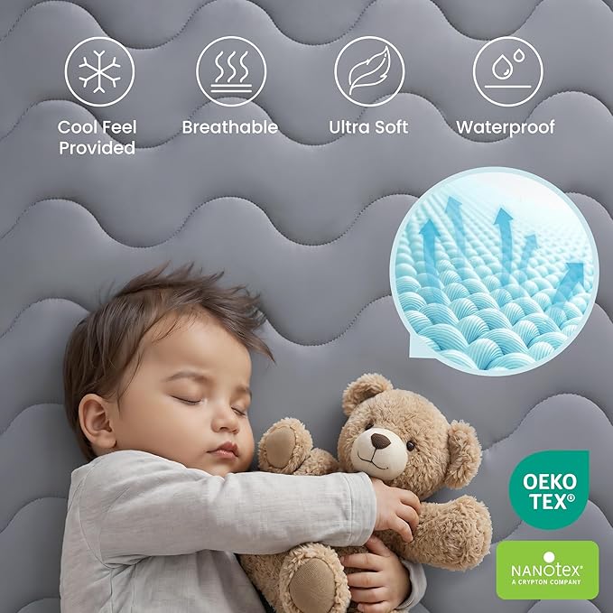 Sleep Zone Cooling Crib Mattress Protector Waterproof 2 Pack, Quilted Soft Toddler Mattress Pad, Breathable Baby Mattress Cover with Deep Pocket, Machine Washable Bed Topper (Dark Grey, 52 x 28)