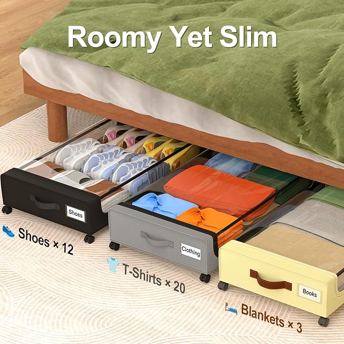 GoMaihe Under Bed Storage with Wheels: XXL Underbed Storage Containers with Lids - Rolling Bins for Shoes Clothes in Dorm Bedroom - Metal Drawers Easy Pull-out Beige 2-Pack