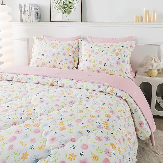 Wajade Floral Comforter Set Bed in A Bag Queen Size 7 Piece Botanical Flower Green Leaves Rabbits Bedding Set for Girls (1 Comforter, 1 Flat Sheet, 1 Fitted Sheet, 2 Pillowcase and 2 Pillow Sham)