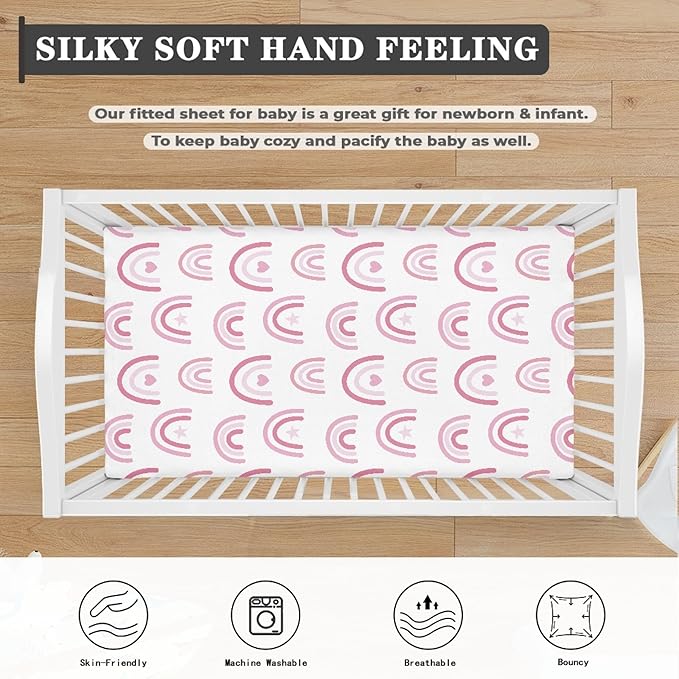 Pink Hand Drawn Boho Rainbow Fitted Crib Sheet Rainbow Baby Crib Sheet Fit Standard Crib and Toddler Mattress,Crib Mattress Sheets for Boys Girls 28"x52"
