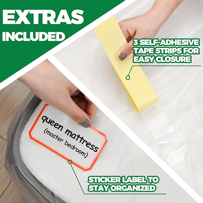 Queen Mattress Bags for Moving & Storage - Heavy Duty Thick 4mil Reusable Bag Mattresses Covering, Waterproof Plastic Perfect Bed Fit - Clear, 100 × 64 x 15 Inches