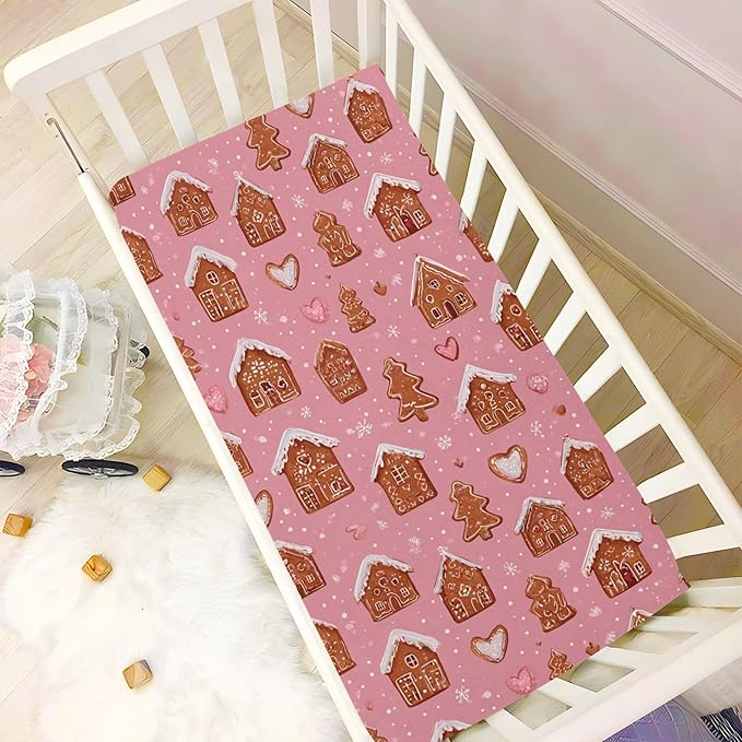Christmas Gingerbreads Pinks Cute Crib Sheets Soft Breathable Fitted Baby Crib Sheets Mattress Cover for Girls Boys, 52" x 28" x 9"