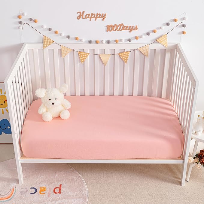 NTBAY 2 Pack Muslin Cotton Crib Sheets, Soft and Breathable Double Layer 28x52 Baby Crib Sheets for Standard Crib and Toddler Mattresses, Boys, Girls, Unisex, Coral Pink, 28x52 Inches