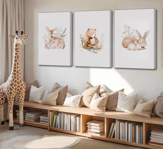 3 Pcs Animal Nursery Canvas Wall Art Watercolor Baby Animals with Wildflowers Painting Picture Wall Decor Cute Rabbit Bear Deer Nursery Paintings Artwork for Kids Room Baby Room Home Decoration
