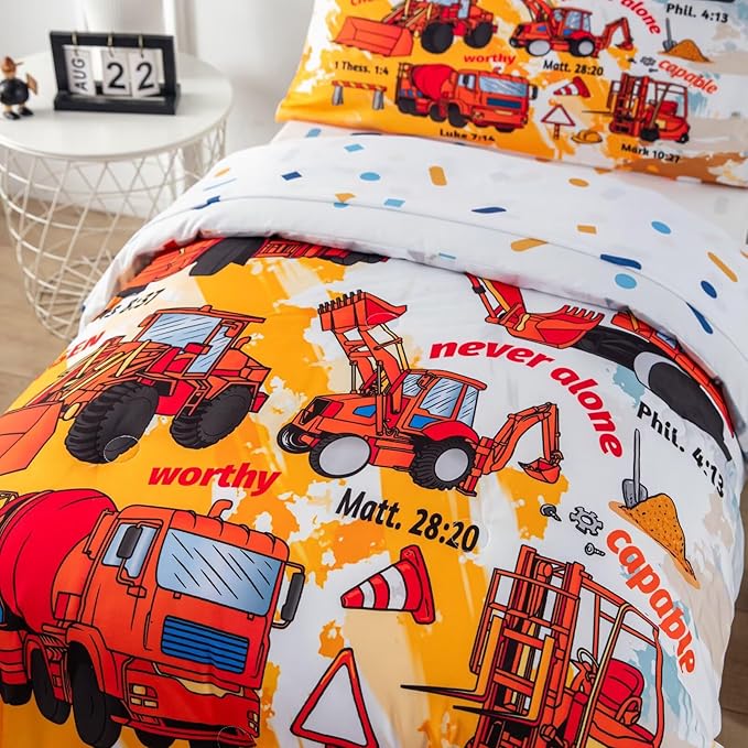 4 Piece Toddler Bedding Set for Boys,Cars Construction Toddler Bed Comforter Set Includes Comforter,Flat Sheet,Fitted Sheet and Pillowcase,Christan Trucks Tractors Bed in A Bag for Kids Bedroom