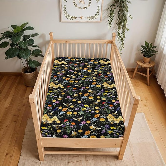 Boho Wildflower Bees Honeycomb Baby Crib Sheets for Boy Girl 52x28Inch Watercolor Honeybee Floral Soft Snug Fitted Crib Mattress Cover Summer Baby Sheet for Standard Crib and Toddler Bed Mattress