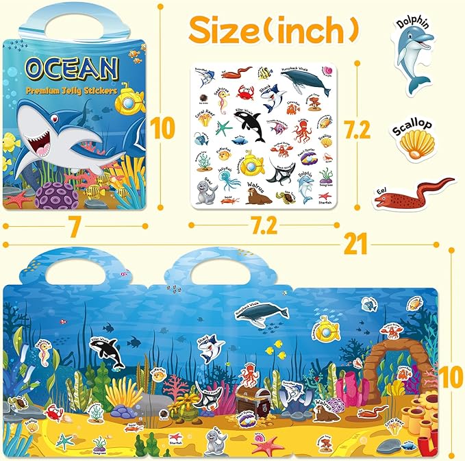 Reusable Sticker Book for Toddlers 3-6, Jelly Stickers for Kids, Sticker Activity Book Travel Toys for Road Trip, Car & Airplane, Educational Learning Gifts for Boys and Girls Ages (Ocean Theme)