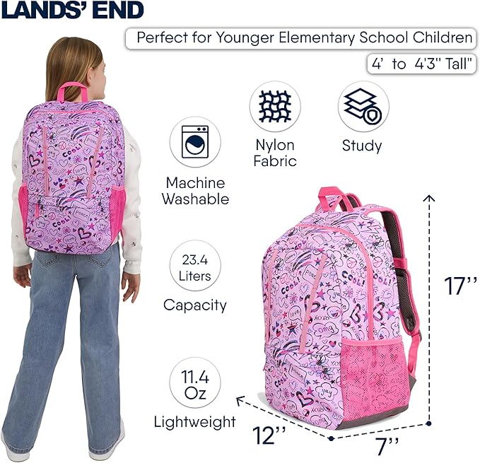 Lands' End Unisex Kids Medium ClassMate Lightweight Durable Elementary School Backpack, Fuchsia Pink