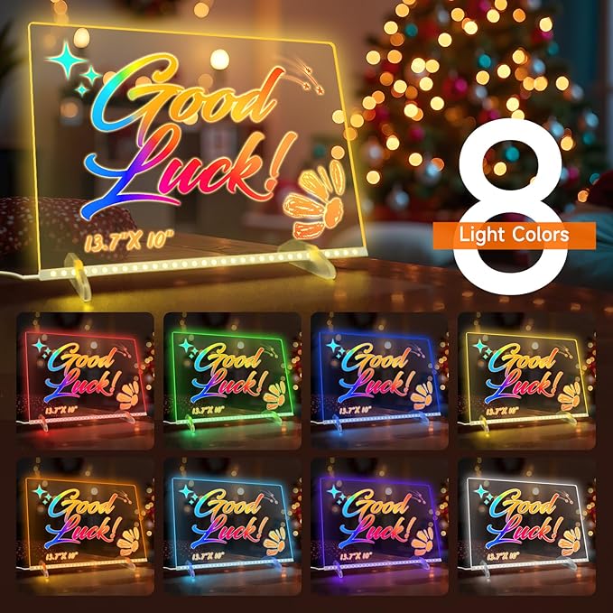 LED Note Board with Colors-Light Up Acrylic Dry Erase Board with 6 Modes & 8 Colors,13.7"X10" Include 7 Markers, Hanging Chain, Battery Case, Led Writing Board with Battery Pack for Home/Office/Decor