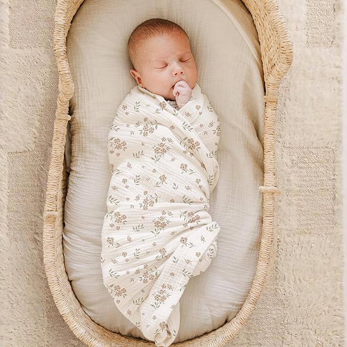 Konssy Muslin Swaddle Blankets for Boys Girls, 2 Pack Receiving Baby Blanket Large 47 x 47 inches, Soft Breathable Swaddling Wrap for Unisex Newborn (Blossom,Cream)
