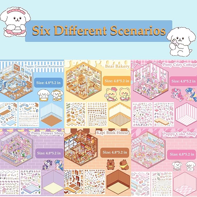 DIY 3D Sticker Scene, 6 Sets of Stickers for Girls Make Your Own Mini Room Scene Stickers for Kids Cute Kawaii Sticker Therapy for Adult Relief Stress, Holiday & Christmas Fun