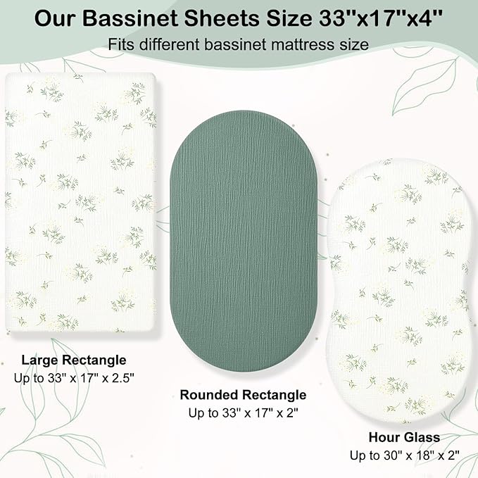Baby Bassinet Sheets TPU Waterproof 2 Pack Soft Muslin Bedside Bassinet Mattress Sheets with Bottom Elastic Band for Baby Boy Girls Unisex Fit Hourglass Oval and Rectangle, Dark Green