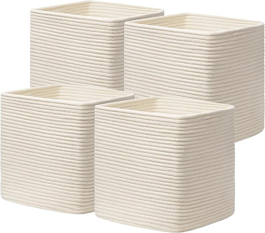 joybest 13x13x13inch Cube Storage Bins Set of 4, Cotton Rope Woven Organizer Basket for Shelves, Cube Bin Square Shelves Organizer Closet Storage, Nursery, Toy Organization, Beige