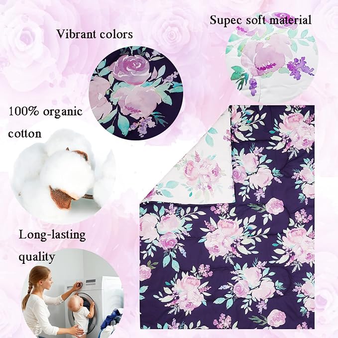 TANOFAR 4 Piece Crib Bedding Set for Girls, Purple Flower Quilt, Crib Skirt, Diaper Stacker, Soft Microfiber Comforter, Cotton