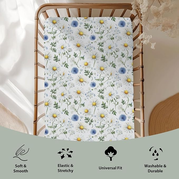 Vintage Daisy Boho Floral Baby Crib Sheets for Boy Girl 52x28Inch Wild Flowers Leaves Soft Stretchy Fitted Crib Mattress Cover Spring Summer Baby Sheet for Standard Crib and Toddler Mattress