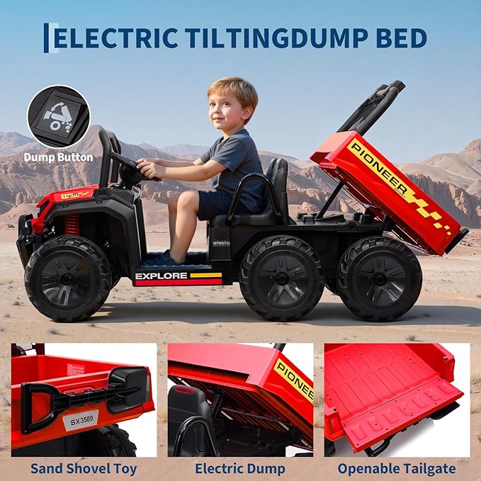24V 4WD Electric Ride-on Dump Truck for Kids, 2-Seater with Parental Remote Control, 3 Speeds, All-Terrain Off-Road Toy Car for Boys Girls, Red
