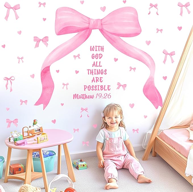 Large Watercolor Girls Room Wall Decals Pink Bow Wall Stickers Peel and Stick Pastel Pink Bow Decor for Baby Room Coquette Sticker Inspirational Quotes Vinyl Decal Art Mural for Nursery Kids Playroom