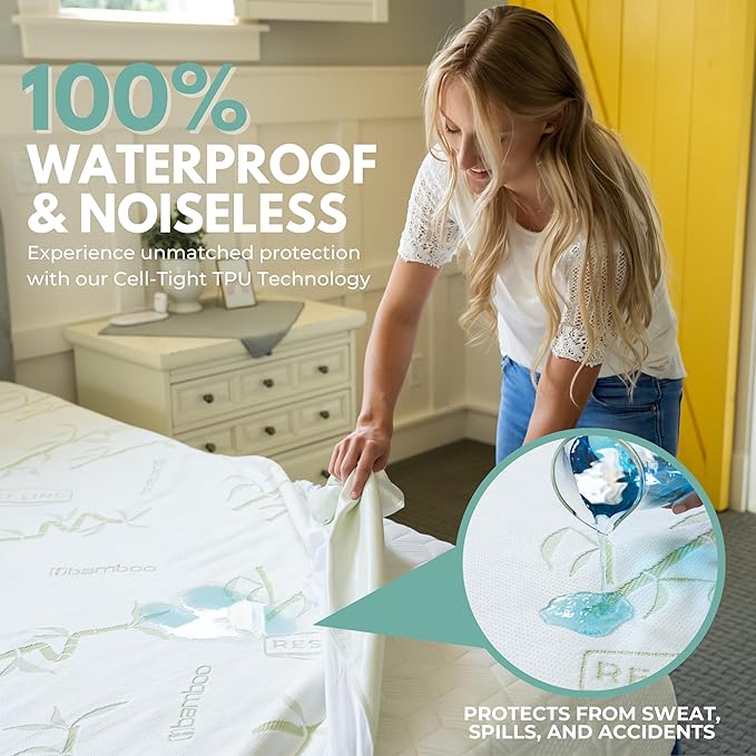 Full Size | Waterproof Mattress Protector | Hypoallergenic, Cooling Mattress Pad Cover, Fitted Sheet Style up to 18" Deep | 100% Viscose from Bamboo | by Rest Line Premium Bedding