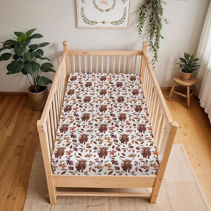 Autumn Highland Cow Fall Leaves Baby Crib Sheets for Boy Girl 28"x52" Yak Maple Leaves Soft Snug Fitted Crib Mattress Cover Thanksgiving Farm Animal Baby Sheet for Standard Crib & Toddler Bed Mattress