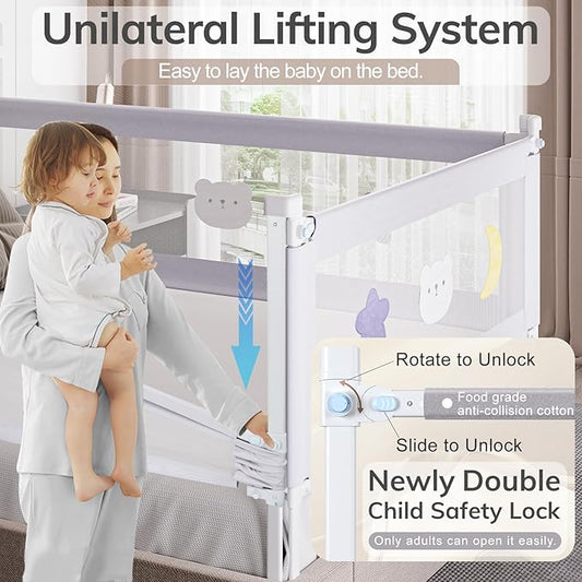 omzer 3-Piece Bed Rails for Queen Bed - Height Adjustable Bed Rail for Toddlers with Double Child Lock, Bed Rail for Baby Kids with Pattern, Infants Toddler Bed Gate for Queen Size Bed, 78.7x78.7x59”
