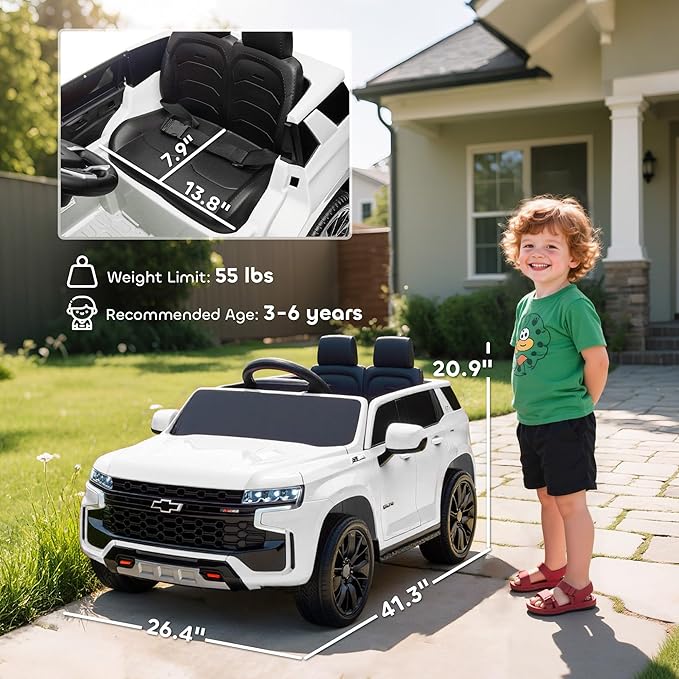 Aosom Licensed Chevrolet Tahoe Ride On Car, 12V 7AH Battery Power Ride On Toy with Parent Remote Control, LED Lights, Music, 4 Wheeler Suspension, 3 Speeds, Kids Electric Vehicle for Aged 3+, White