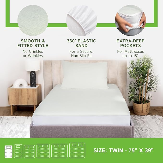 Four Seasons Essentials Twin Size Waterproof Mattress Protector - Cooling Viscose derived from Bamboo Fitted Sheet Mattress Cover - Quilted Jacquard Pad Protects from Dust Allergens