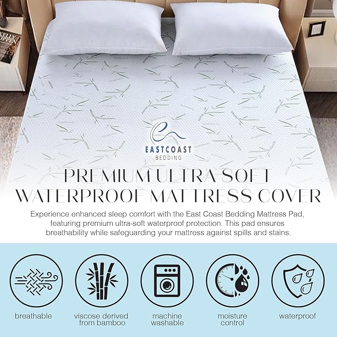 Waterproof Mattress Protector Pad - Full XL Size 54" x 80" Inch, Viscose Derived from Bamboo, Ultra Soft, Breathable, Washable Bed Mattress Cover for Comfort & Protection