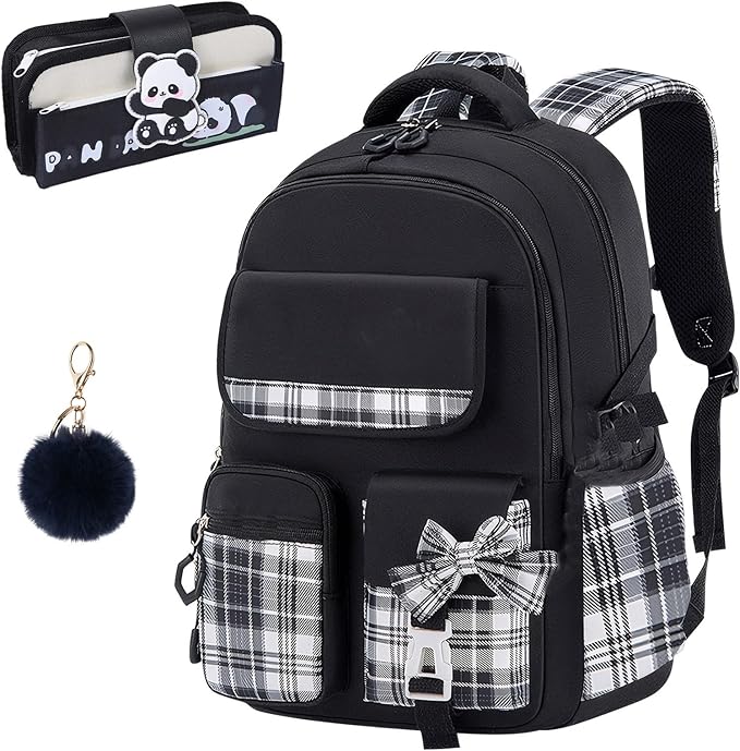 Aulenge Kids Backpack for Girls Cute Teen School Backpack Ages 8-12 with Pencil Case Set Kawaii Stitch Black School Bookbags with Multiple Pockets for Primary & Middle School Students
