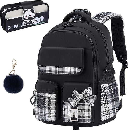 Aulenge Kids Backpack for Girls Cute Teen School Backpack Ages 8-12 with Pencil Case Set Kawaii Stitch Black School Bookbags with Multiple Pockets for Primary & Middle School Students