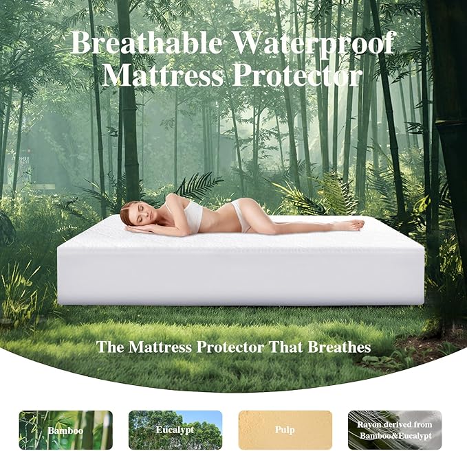Queen Mattress Protector, Waterproof Mattress Pad Washable Rayon Mattress Cover Breathable Noiseless Bed Protector 3D Patterns 5" - 21'' Elastic Fitted Deep Pocket(White)