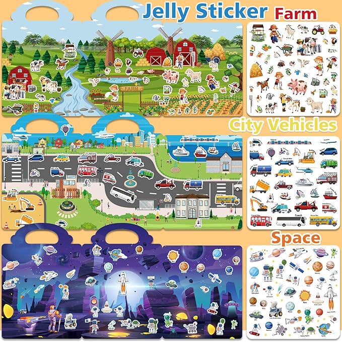 6 Sets Reusable Sticker Book for Toddlers 3-6, Jelly Sticker Books for Toddler, Travel Sticker Activity Toys for Kids 3 4 5 6 Years Old Girls & Boys