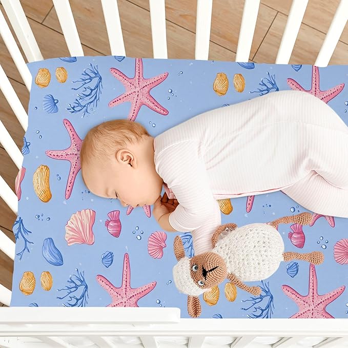 Baby Crib Sheets Fitted Crib Sheet Standard Crib and Toddler Mattress for Boys Girls 39 * 27in Pink Starfish Shell Pattern (Pink Starfish Shell Pattern, Medium)