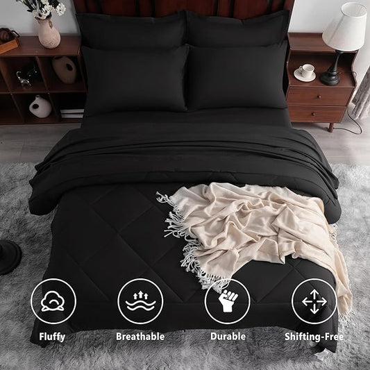 NTBAY King Comforter Set with Sheets, 7 Pieces Soft and Breathable King Bedding Set, Bed in a Bag, Down Alternative Comforter Set Solid Color All Season, King Bedding Set, Black