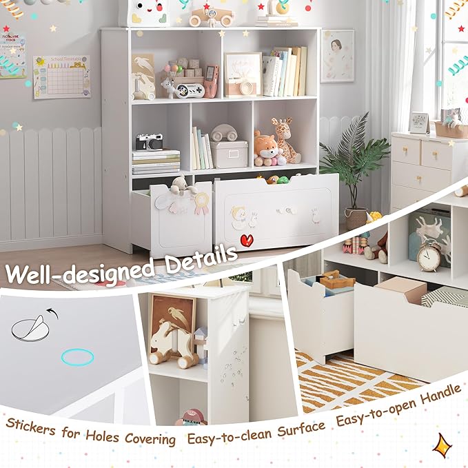 BRINJOY Toy Storage Organizer with 2 Movable Drawers, 3-Shelf Kids Bookcase Children's Toy Chest Cabinet for Playroom Bedroom Daycare Nursery School, 5 Cubes Montessori Bookshelf