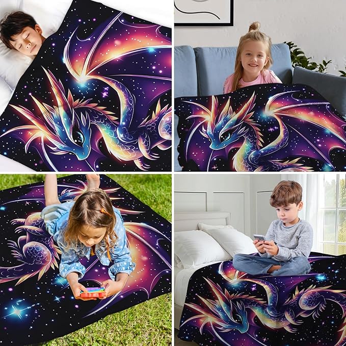GNEW Cute Galaxy Dragon Throw Blanket, Kawaii Dragon Gifts for Kids, Sparkle Galaxy Starry Stars Animal Print Blanket, Blue Purple Pink Black, 60"x50"
