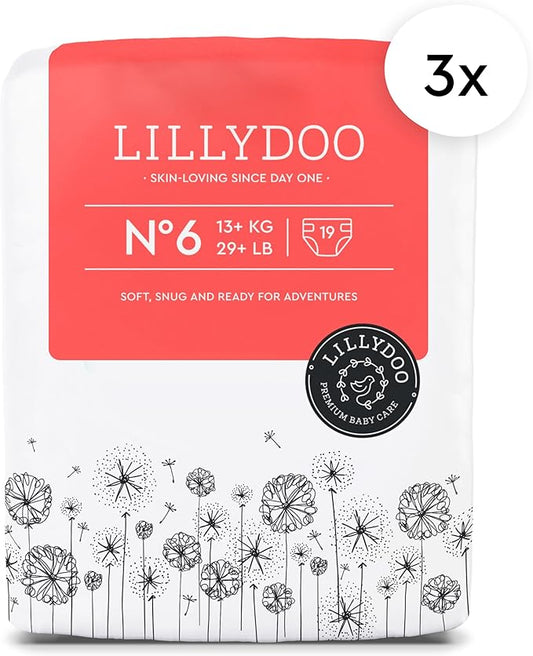 LILLYDOO Baby Diapers - Size 6 (29+ lbs), Half-Monthly Supply (57 Count), Leak Protection, Skin-Friendly, Ultrasoft, Perfume- & Chlorine-Free, Hypoallergenic, Dermatologist Tested, Oeko-TEX®