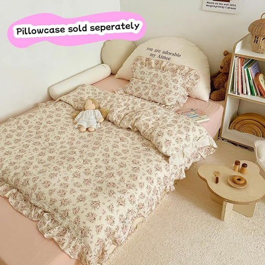 BuLuTu Girls Toddler Kids Duvet Cover Pink Floral Chic Duvet Covers with Ruffles Muslin Cotton Soft Comforter Cover, 47"x59", Soft Lightweight, Machine Wash, No Pillowcases/Comforter