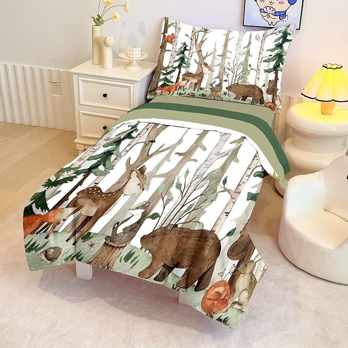 4 Pieces Woodland Animal Toddler Bedding Set, Forest Deer Bear Fox Bed Comforter Set for Boys Girls, Cute Toddler Bed Set Includes Comforter, Flat Sheet, Fitted Sheet and Pillowcase