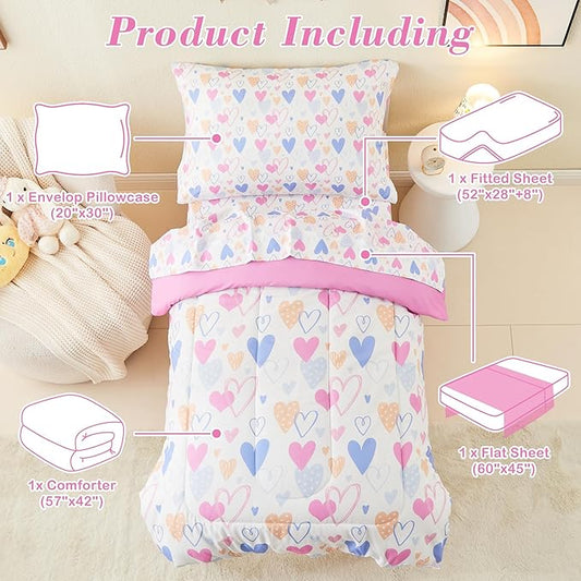 Mooreeke 4 Pieces Toddler Bedding Set - Soft Love Heart Toddler Comforter Sets for Girls, Includes Quilted Comforter, Flat Sheet, Fitted Sheet and Pillowcase, Bed in A Bag for Baby Bedroom