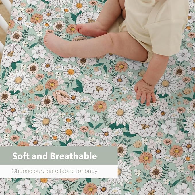Spring Boho Floral Baby Crib Sheets for Boy Girl 28"x52" Neutral Green Flowers Leaves Soft Stretchy Fitted Crib Mattress Cover Pastel Peony Daisy Nursery Baby Sheet for Crib & Toddler Bed Mattresses