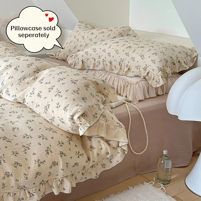 BuLuTu Vintage Floral Duvet Cover Full Bed 100% Cotton Muslin Comforter Cover Chic Shabby Hyacinth Flower Print Duvet Covers with Ruffles, 90"x79", No Pillowcases